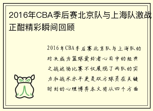 2016年CBA季后赛北京队与上海队激战正酣精彩瞬间回顾